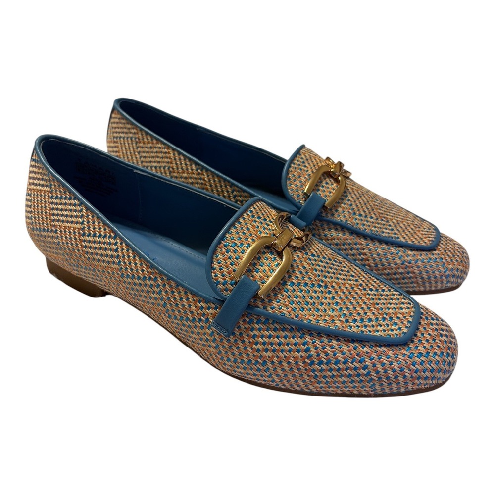 Tahari Royal Women's Tan And Blue Vegan Leather Loafers Size 8.5 Gold Buckle New